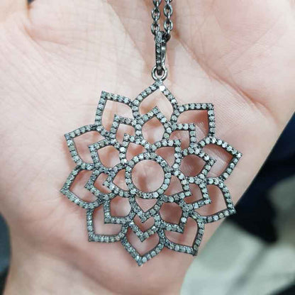 Black Beautiful Flower Style Pave Diamond Pendant, Attractive Flower Pendant, Silver Jewelry