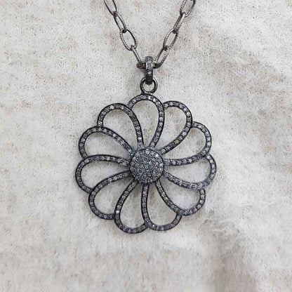 Pave Diamond Handmade Designer Flower Style Pendant, Stunning Flower Pendant, Silver Jewelry