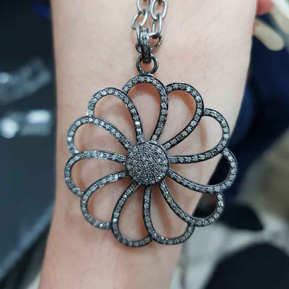 Pave Diamond Handmade Designer Flower Style Pendant, Stunning Flower Pendant, Silver Jewelry