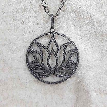 Lotus Flower Pendant With Pave Diamond Layers, Beautifully Lotus Flower Pendant, Silver Jewelry