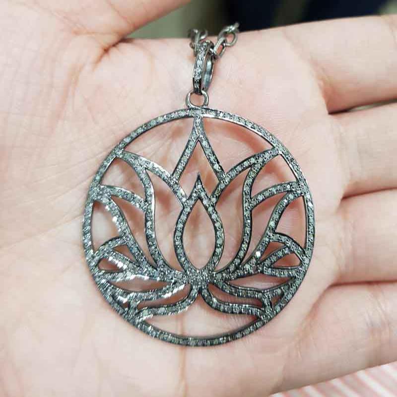 Lotus Flower Pendant With Pave Diamond Layers, Beautifully Lotus Flower Pendant, Silver Jewelry