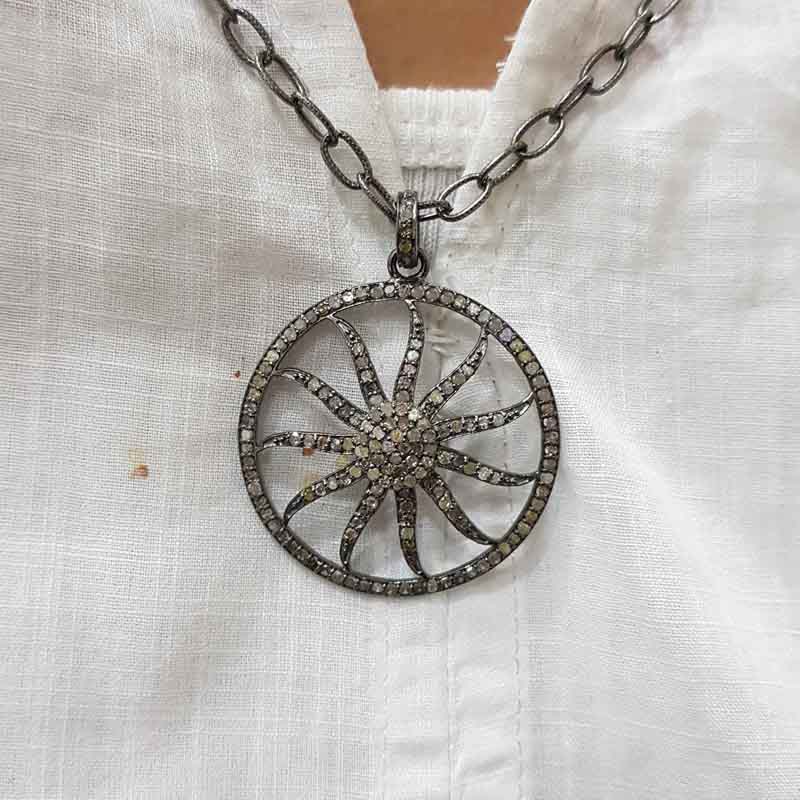 Sunburst Pendant With Layers Of Pave Diamond, Sunburst Designer Pendant, Silver Jewelry