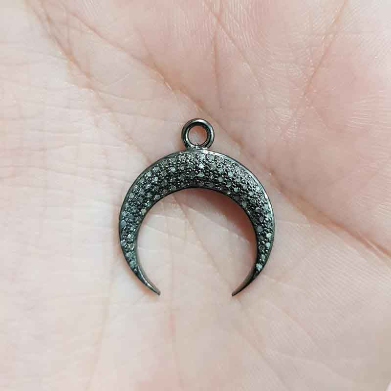 Stunning Crescent Moon Charm, Black Pave Diamond Moon Pendant, Gift For Someone