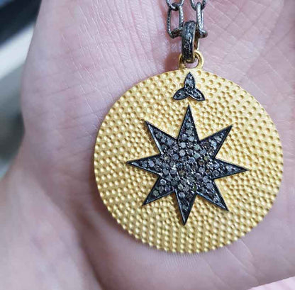 Yellow And Black Round Disk Handmade Designer Pave Diamond Star Pendant, Disk Round Handmade Pendant, Silver Jewelry