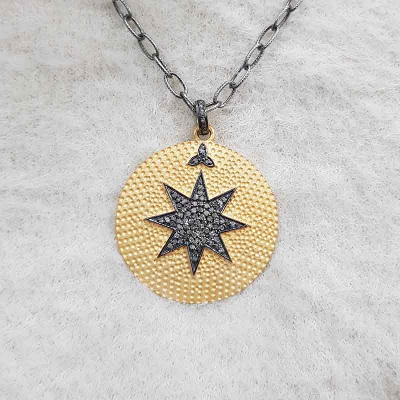 Yellow And Black Round Disk Handmade Designer Pave Diamond Star Pendant, Disk Round Handmade Pendant, Silver Jewelry