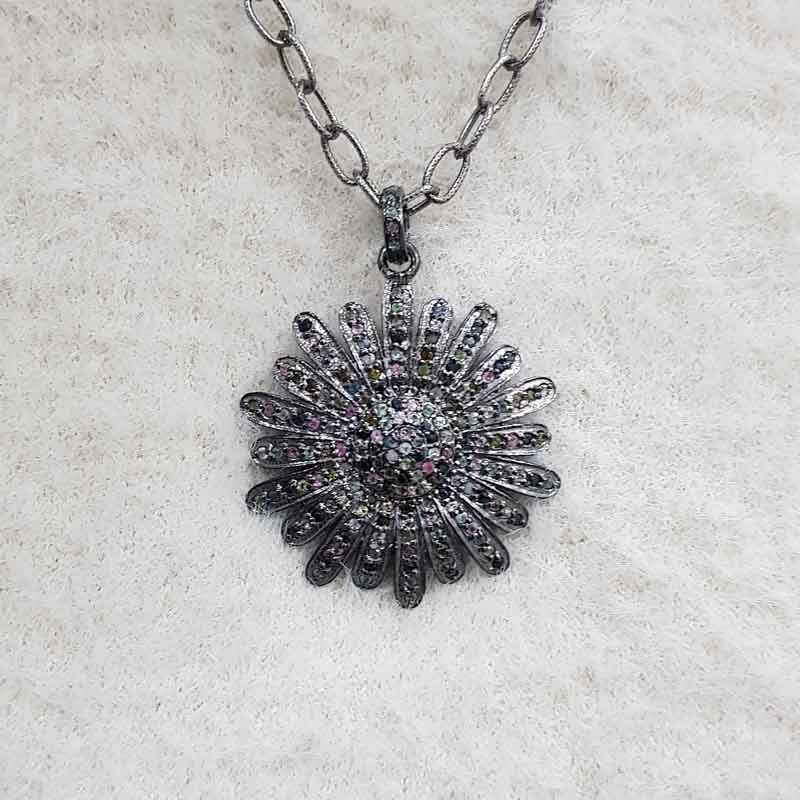 Fancy Flower Pendant With 925 Sterling Silver & Tourmaline Stone, Unique Pendant, Handmade Jewelry