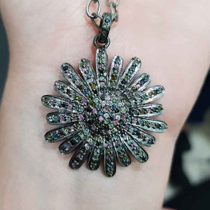 Fancy Flower Pendant With 925 Sterling Silver & Tourmaline Stone, Unique Pendant, Handmade Jewelry