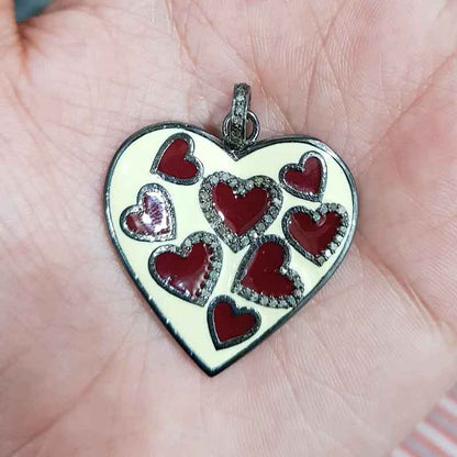 Cream & Red Enamel Heart Pendant With Pave Diamond Layers, Gift For Lovers, Special Occasion Gift, Valentine's Day Gift