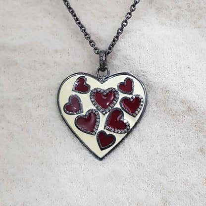 Cream & Red Enamel Heart Pendant With Pave Diamond Layers, Gift For Lovers, Special Occasion Gift, Valentine's Day Gift