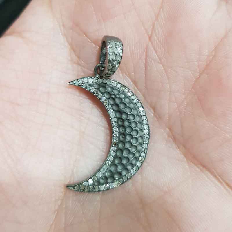 925 Sterling Silver Handmade Designer Moon Pendant, Amazing Moon Pendant With Pave Diamond