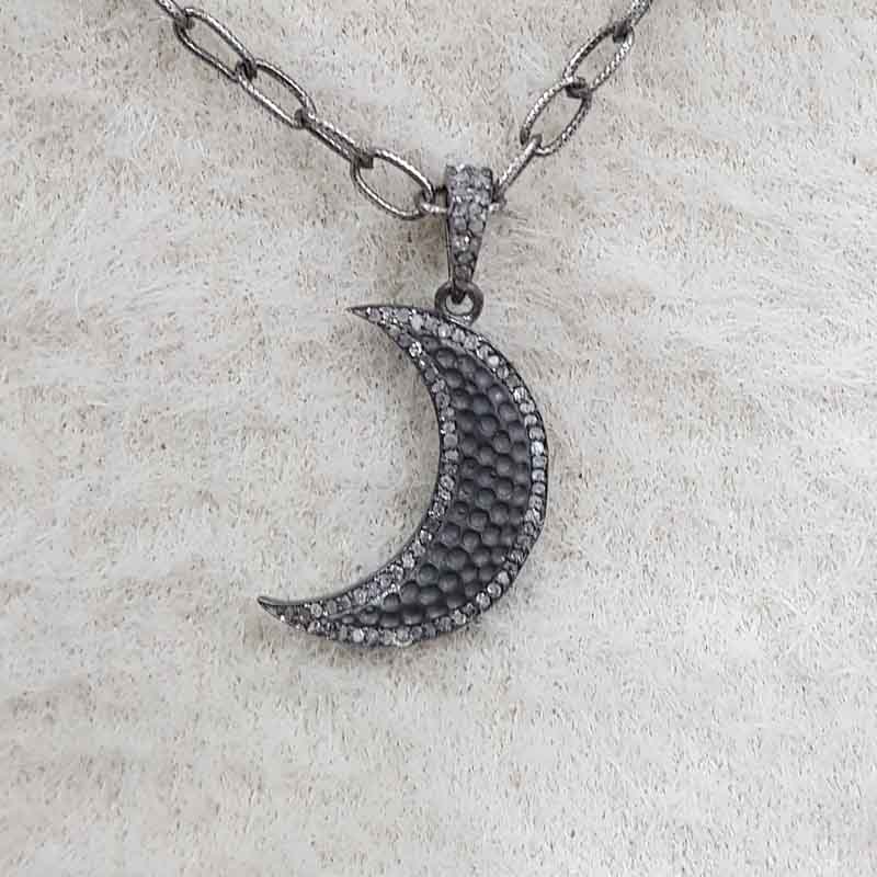 925 Sterling Silver Handmade Designer Moon Pendant, Amazing Moon Pendant With Pave Diamond