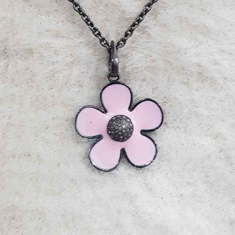 925 Sterling Silver Pink Enamel Flower Pendant, Minimal Pink Flower Pendant, Gift For Love