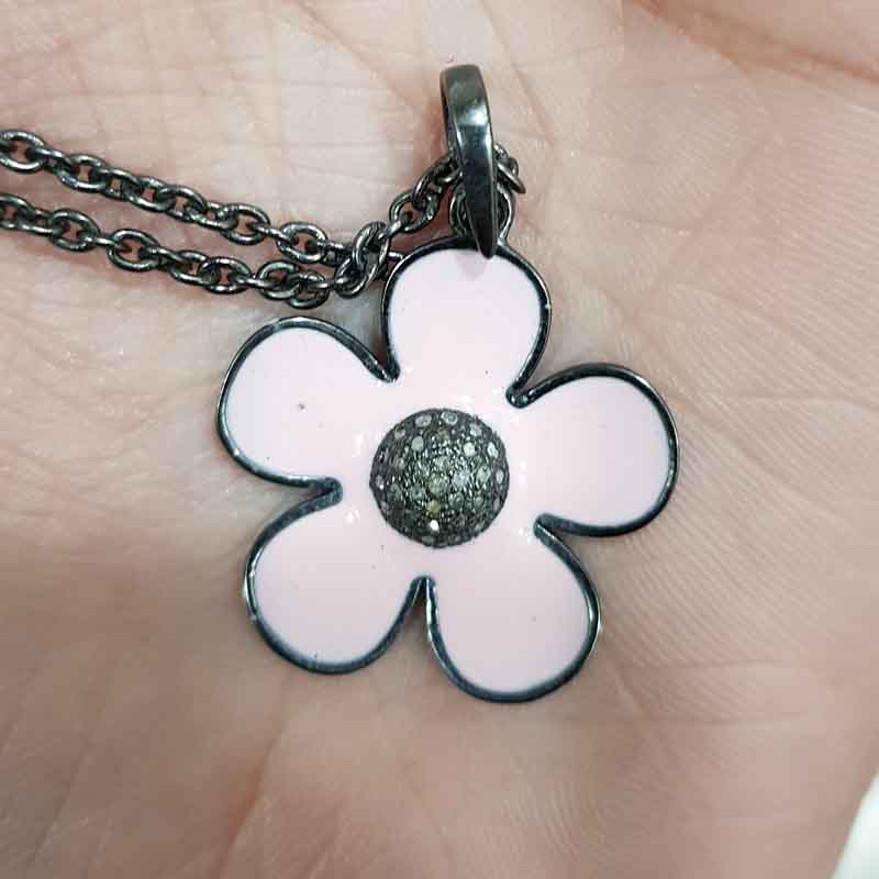 925 Sterling Silver Pink Enamel Flower Pendant, Minimal Pink Flower Pendant, Gift For Love