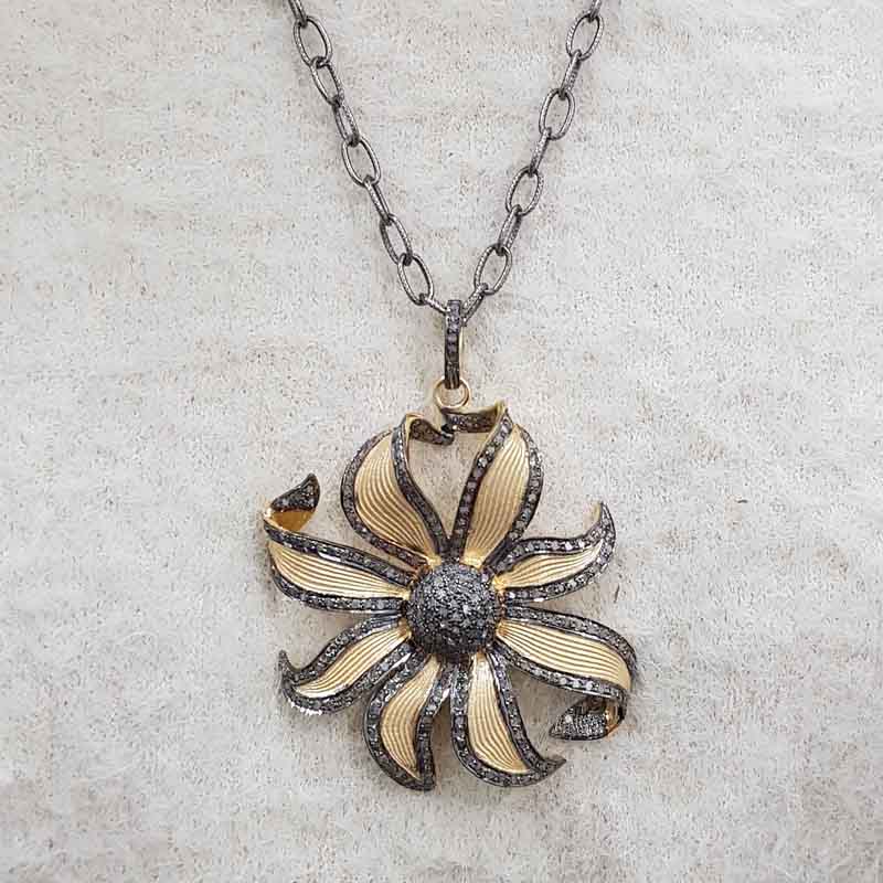 Handmade Designer Flower Pendant With Yellow & Black Rhodium Plated, Silver Jewelry