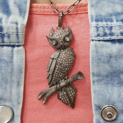 925 Sterling Silver Pave Diamond Owl Pendant, Animal Owl Pendant, silver Pendant