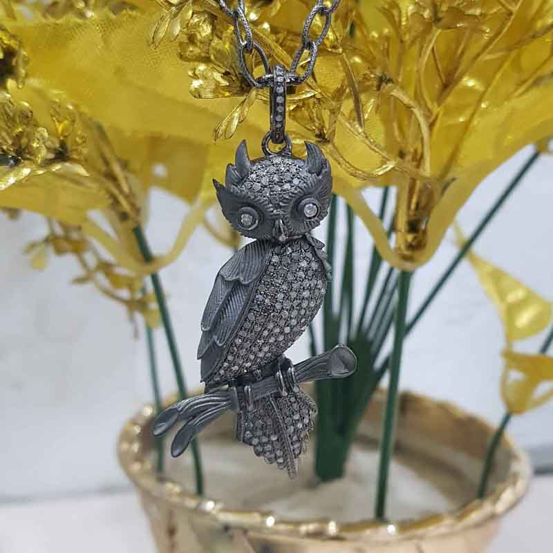 925 Sterling Silver Pave Diamond Owl Pendant, Animal Owl Pendant, silver Pendant