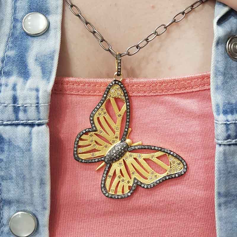 Silver And Golden Designer Pave Diamond Handmade Designer Butterfly Pendant, Attractive Flower Pendant, silver Jewelry