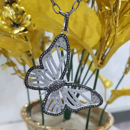 Silver And Golden Designer Pave Diamond Handmade Designer Butterfly Pendant, Attractive Flower Pendant, silver Jewelry