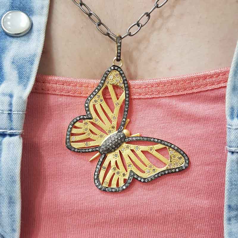 Silver And Golden Designer Pave Diamond Handmade Designer Butterfly Pendant, Attractive Flower Pendant, silver Jewelry