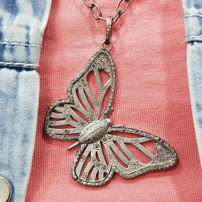 Silver And Golden Designer Pave Diamond Handmade Designer Butterfly Pendant, Attractive Flower Pendant, silver Jewelry