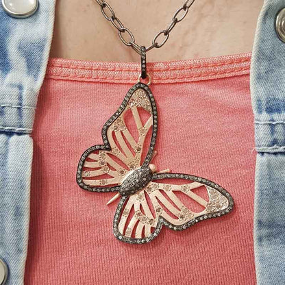 Silver And Golden Designer Pave Diamond Handmade Designer Butterfly Pendant, Attractive Flower Pendant, silver Jewelry