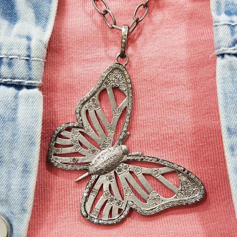 Silver And Golden Designer Pave Diamond Handmade Designer Butterfly Pendant, Attractive Flower Pendant, silver Jewelry