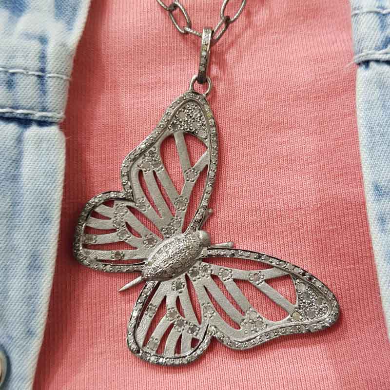 Silver And Golden Designer Pave Diamond Handmade Designer Butterfly Pendant, Attractive Flower Pendant, silver Jewelry