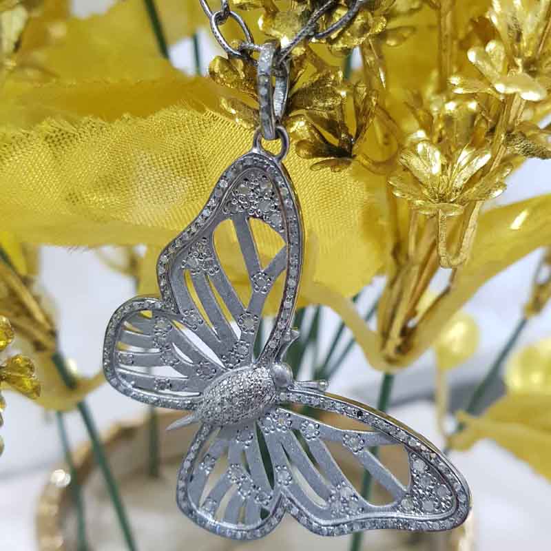 Silver And Golden Designer Pave Diamond Handmade Designer Butterfly Pendant, Attractive Flower Pendant, silver Jewelry