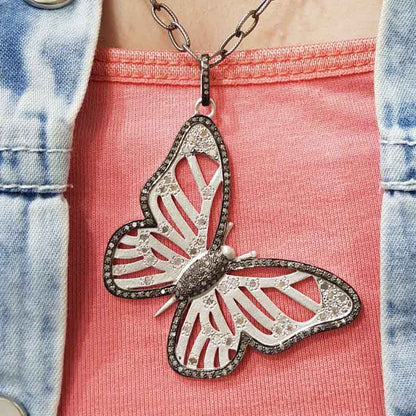 Silver And Golden Designer Pave Diamond Handmade Designer Butterfly Pendant, Attractive Flower Pendant, silver Jewelry