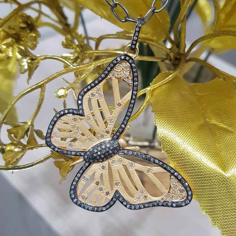 Silver And Golden Designer Pave Diamond Handmade Designer Butterfly Pendant, Attractive Flower Pendant, silver Jewelry