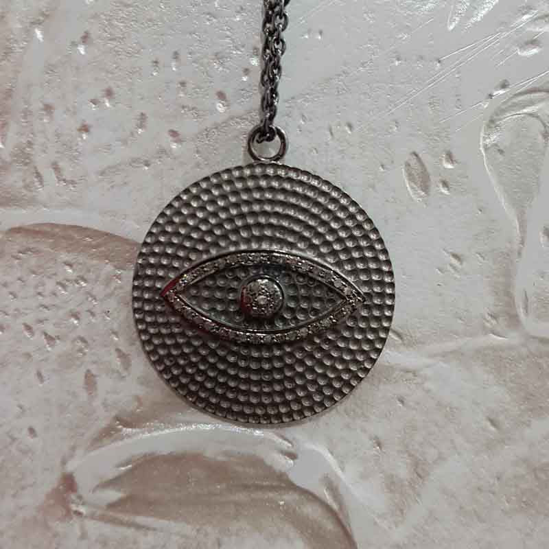 Beautifully Designed Evil Eye In Round Disk Pave Diamond Pendant, Evil Eye Round Pendant, gift For Her