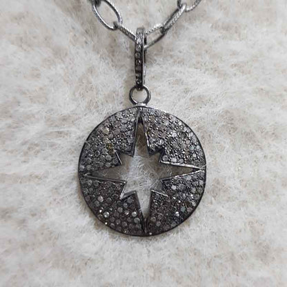 Natural pave diamond 925 Sterling Silver Starburst Pendant, Stunning Necklace, Silver Jewelry