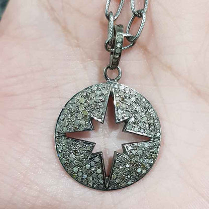 Natural pave diamond 925 Sterling Silver Starburst Pendant, Stunning Necklace, Silver Jewelry