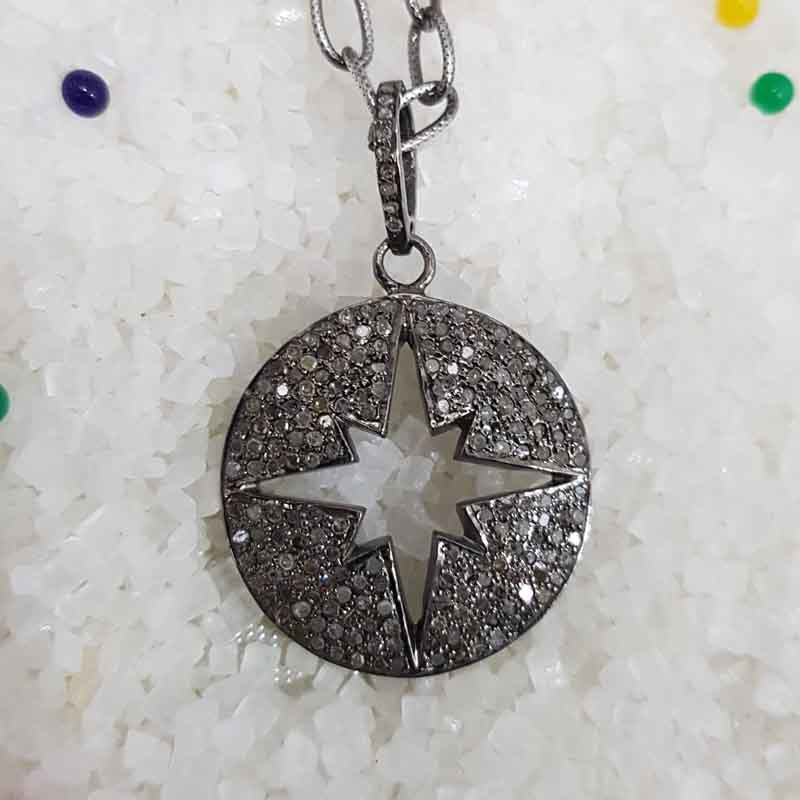 Natural pave diamond 925 Sterling Silver Starburst Pendant, Stunning Necklace, Silver Jewelry