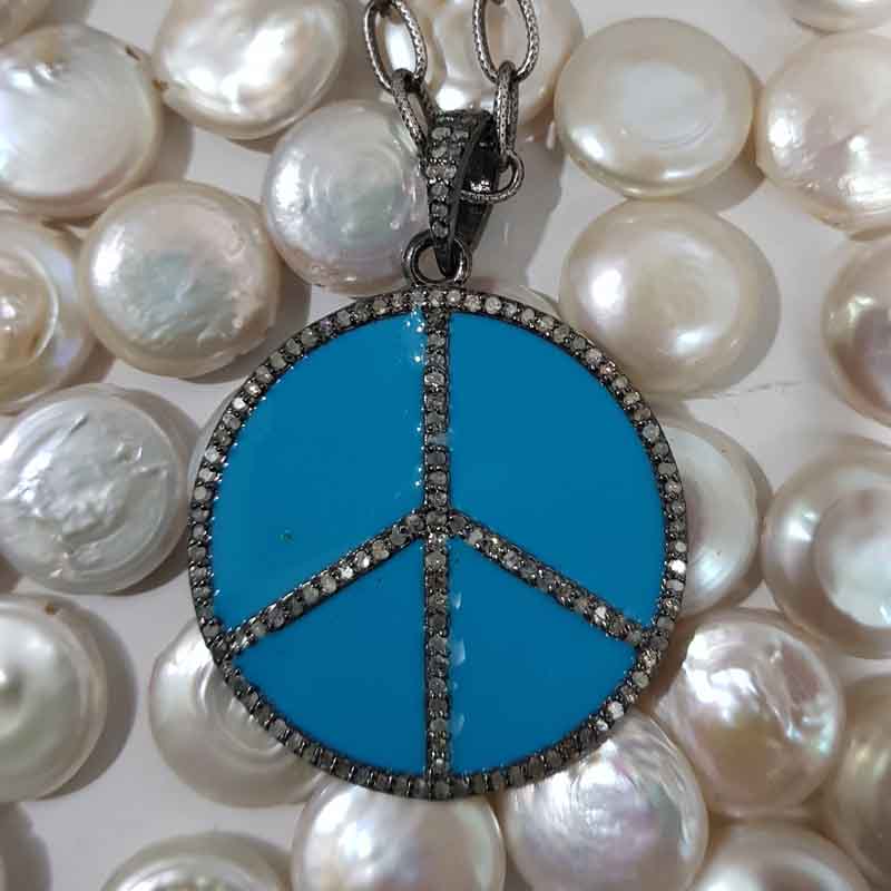 Turquoise Enamel Peace Pendant With pave Diamond Layers, Wedding Gift, Gift For Wife