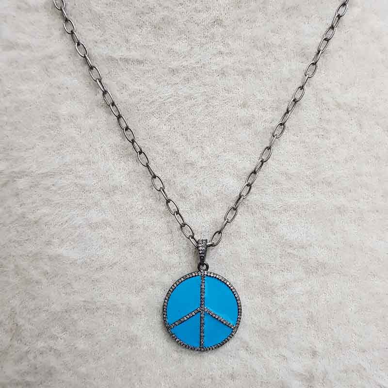 Turquoise Enamel Peace Pendant With pave Diamond Layers, Wedding Gift, Gift For Wife