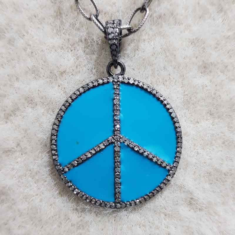 Turquoise Enamel Peace Pendant With pave Diamond Layers, Wedding Gift, Gift For Wife