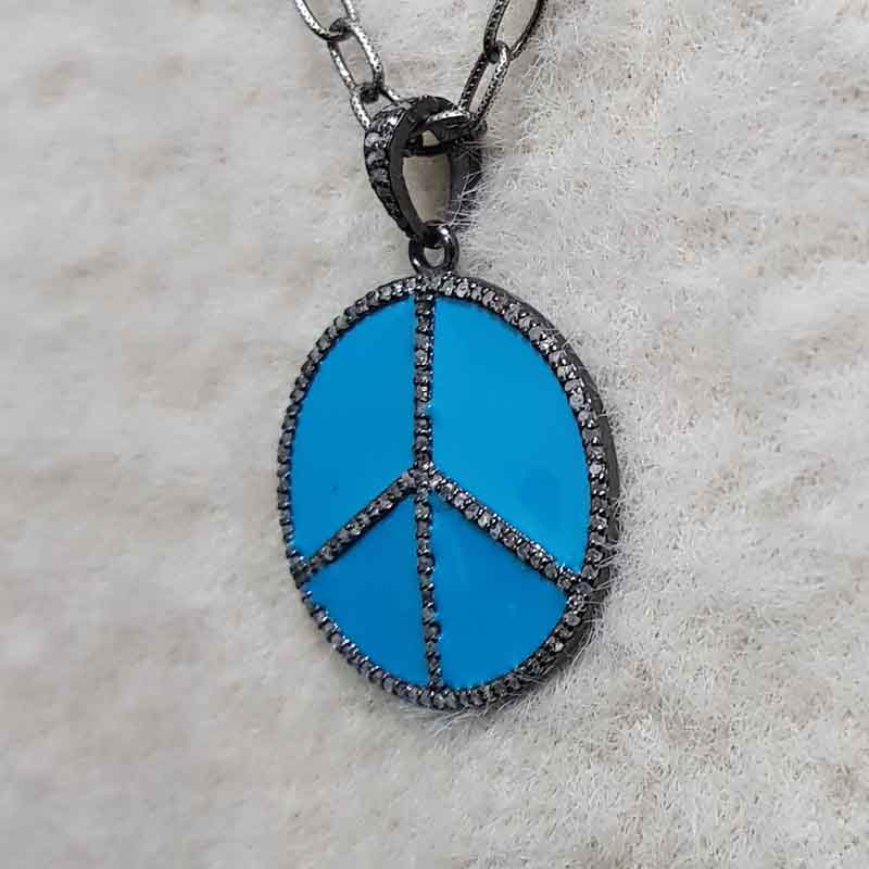 Turquoise Enamel Peace Pendant With pave Diamond Layers, Wedding Gift, Gift For Wife