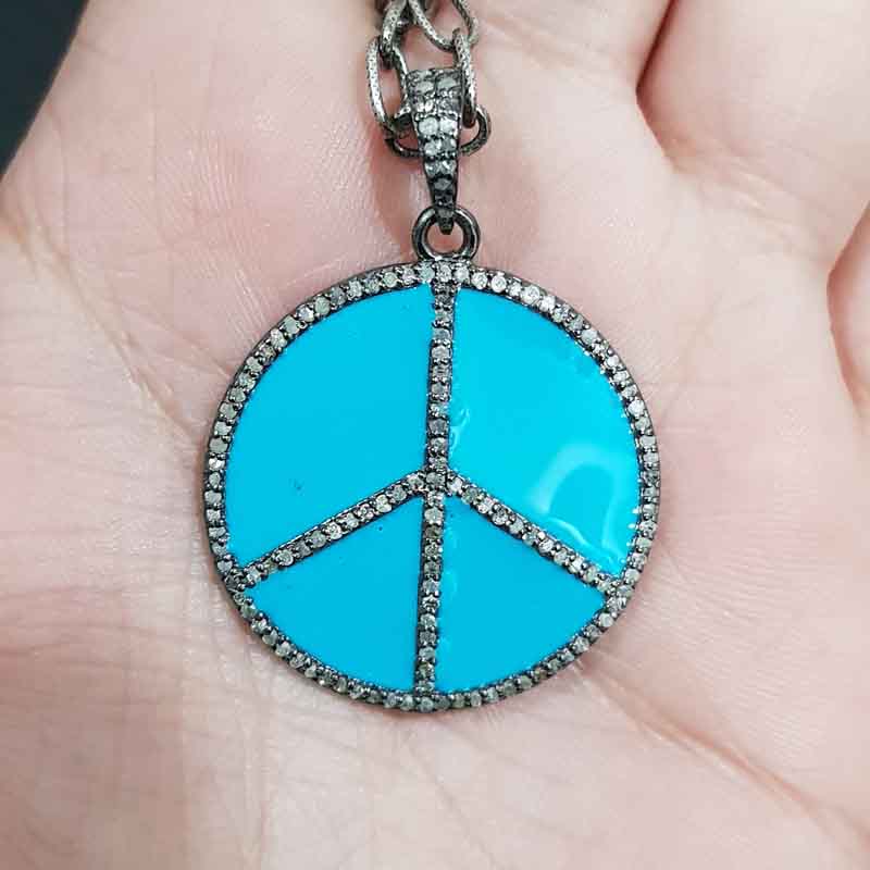 Turquoise Enamel Peace Pendant With pave Diamond Layers, Wedding Gift, Gift For Wife