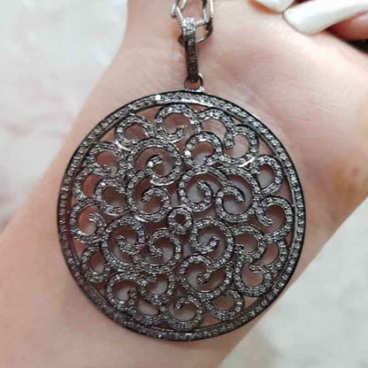 Round Fancy Designer Pave Diamond Pendant, 925 Sterling silver Pendant, Silver jewelry