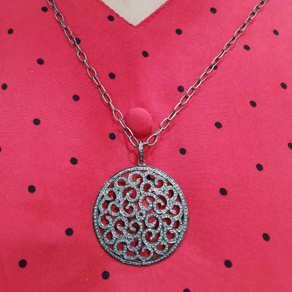 Round Fancy Designer Pave Diamond Pendant, 925 Sterling silver Pendant, Silver jewelry