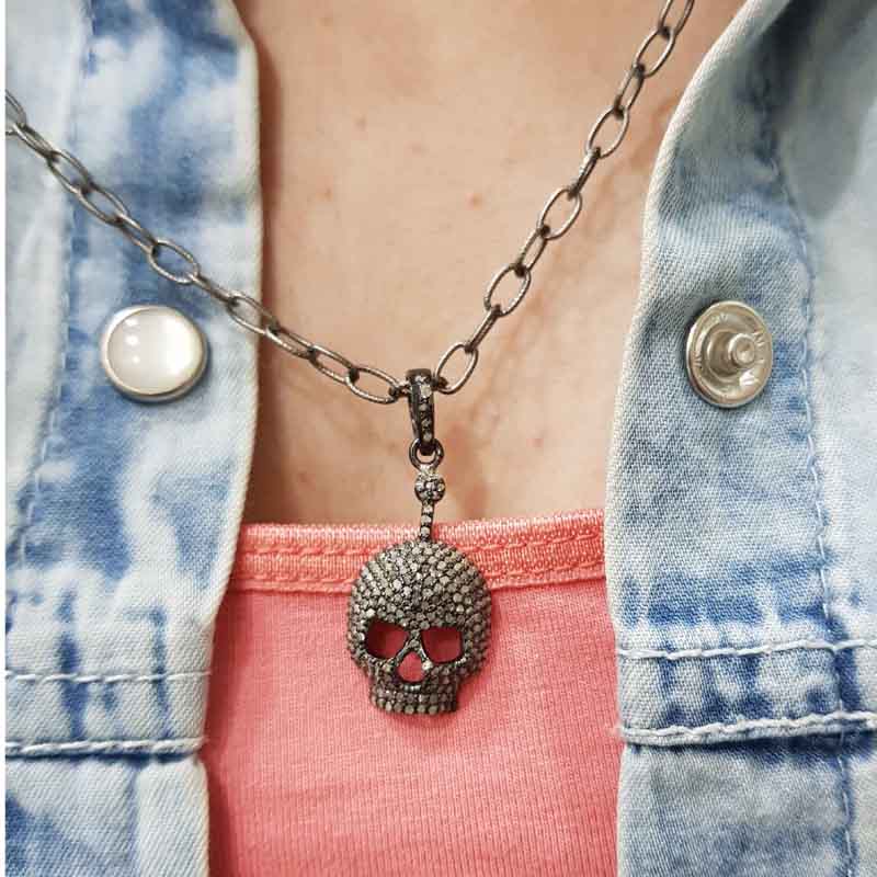 Stunning Skull Pendant With Pave Diamond Layers, Halloween Special, Silver Jewelry