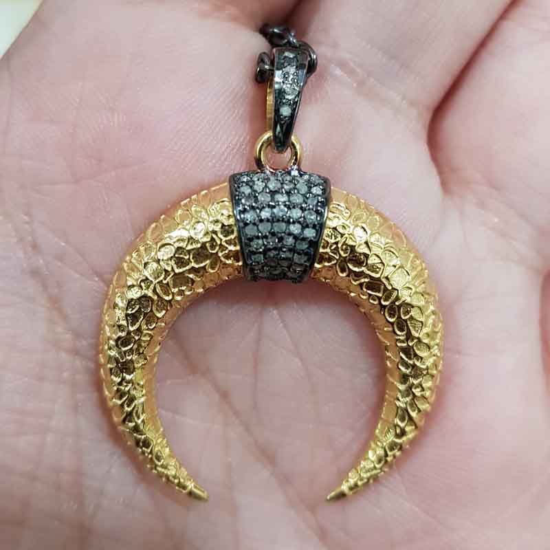 Yellow And Black Pave Diamond Moon Pendant, Half Moon Necklace, Gift For Someone