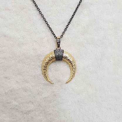 Yellow And Black Pave Diamond Moon Pendant, Half Moon Necklace, Gift For Someone