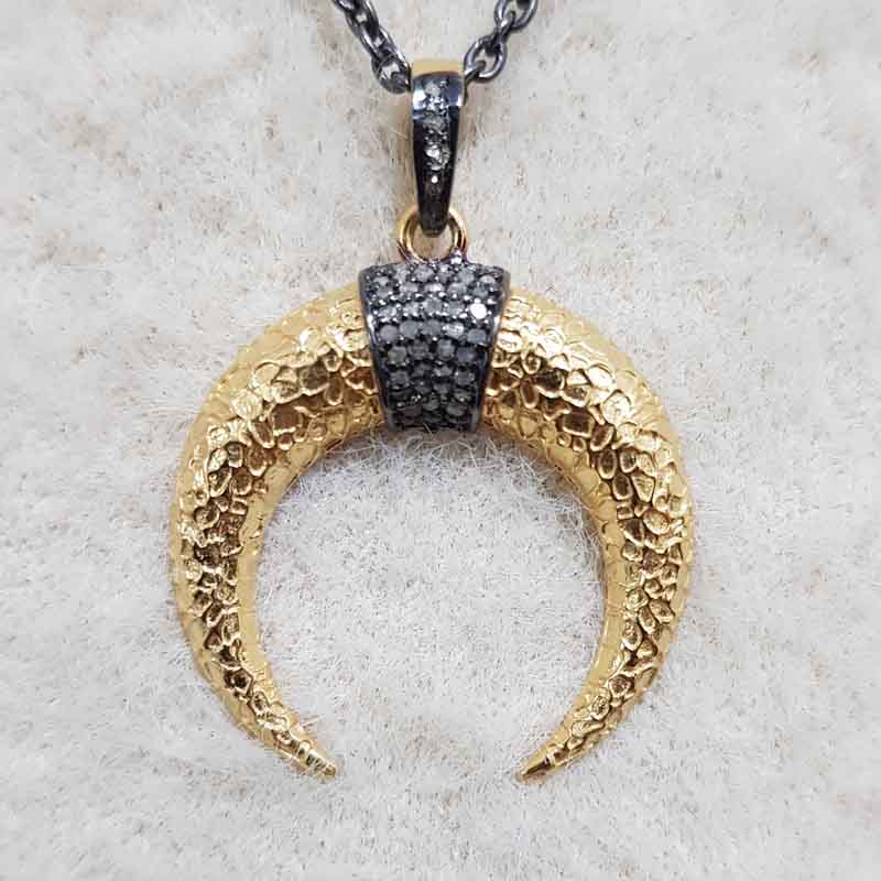 Yellow And Black Pave Diamond Moon Pendant, Half Moon Necklace, Gift For Someone