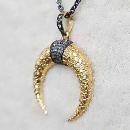 Yellow And Black Pave Diamond Moon Pendant, Half Moon Necklace, Gift For Someone