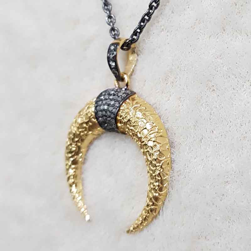 Yellow And Black Pave Diamond Moon Pendant, Half Moon Necklace, Gift For Someone