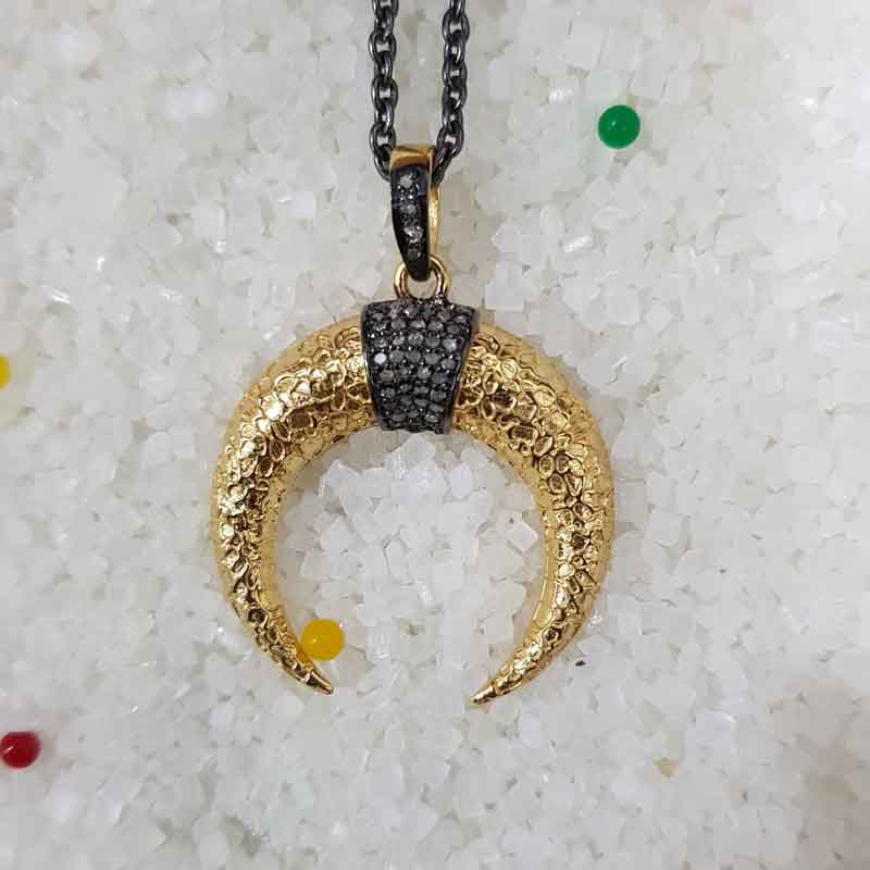 Yellow And Black Pave Diamond Moon Pendant, Half Moon Necklace, Gift For Someone