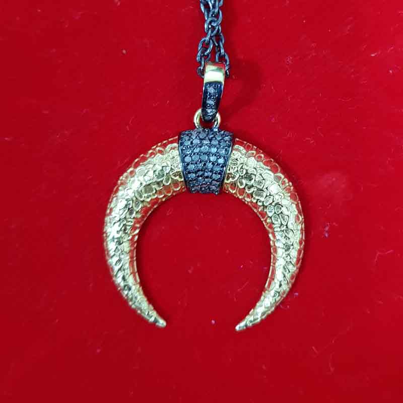 Yellow And Black Pave Diamond Moon Pendant, Half Moon Necklace, Gift For Someone