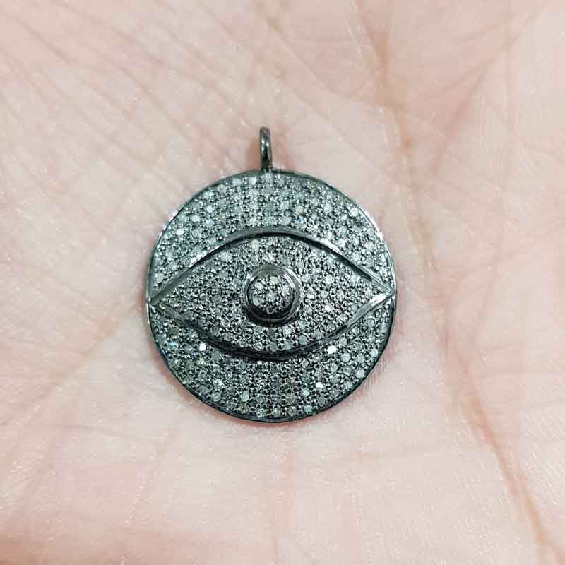 Pave Diamond Handmade Designer Small Round Charm, Cutest Evil Eye Charm, Silver Jewelry